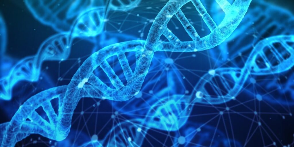 ADN con vista surrealista en fondo azul.