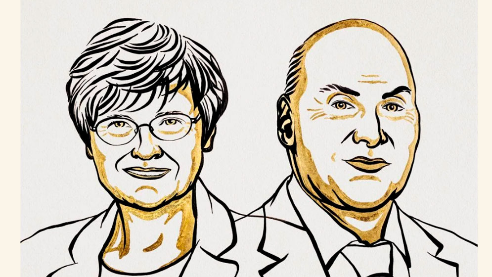 Dibujo de los dos científicos de la Universidad de Pensilvania ganadores del Premio Nobel 2023 por su aportacion a las vacunas de ARNm mensajero