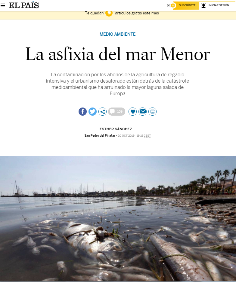 Portada de El País Digital
informando sobre los
miles de peces muertos
en el Mar Menor por
culpa de la anoxia de
diciembre de 2019