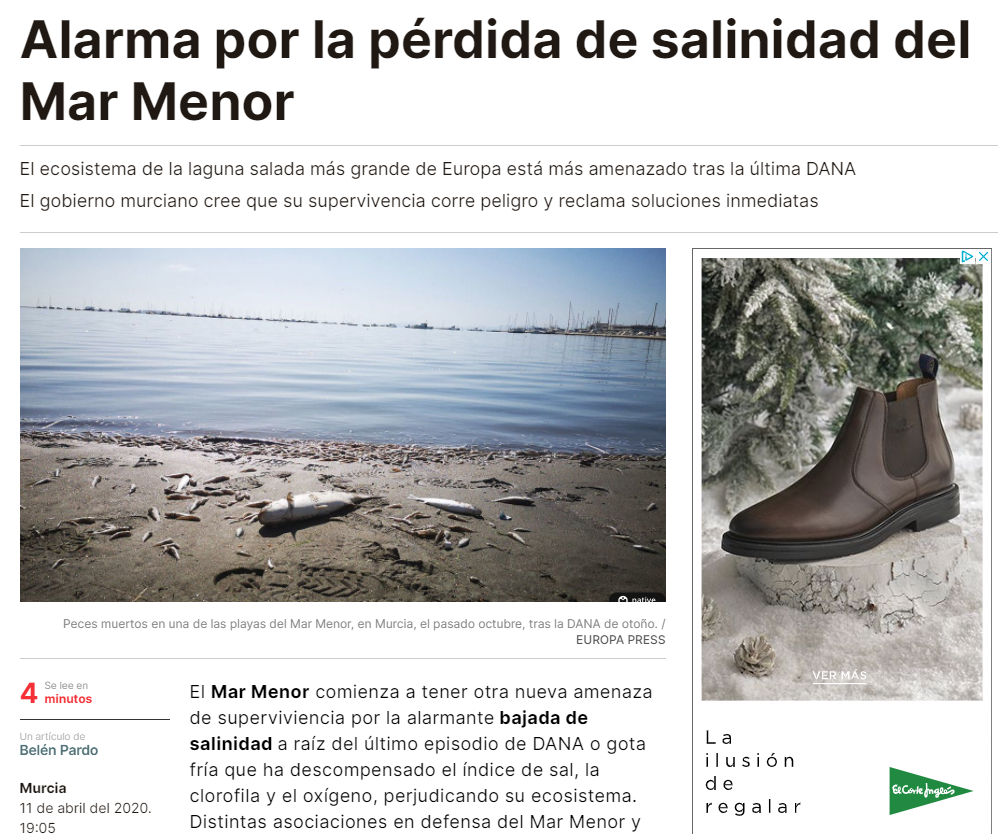 Noticia sobre la anoxina en el
Mar Menor en el Periódico de Cataluña, diciembre
de 2019
