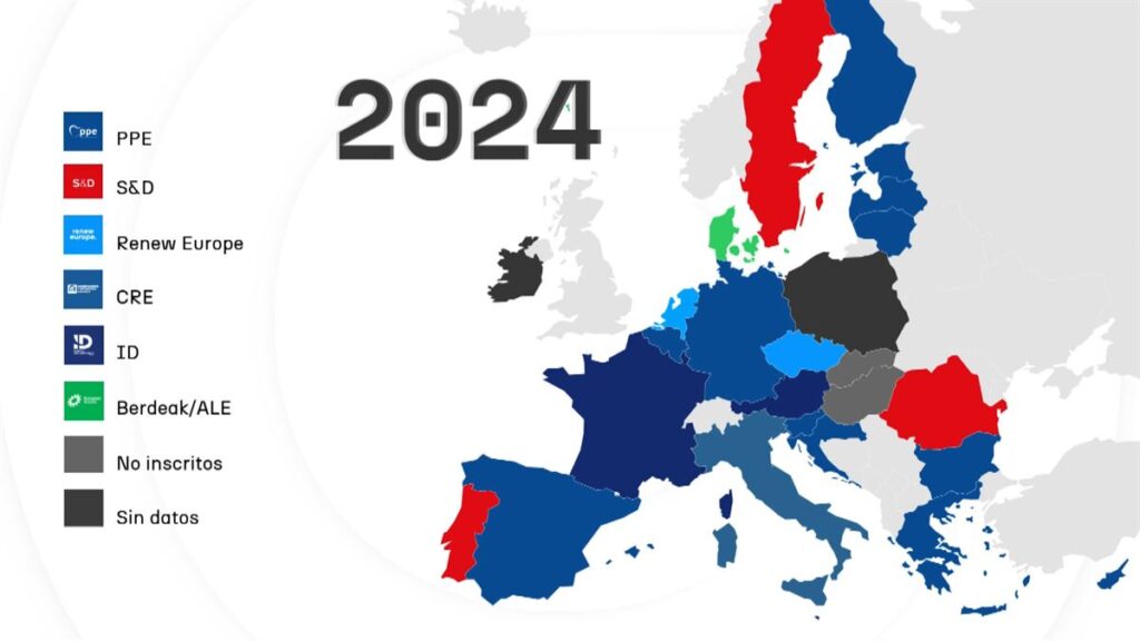 Mapa de los resultados de las elecciones europeas en 2024.