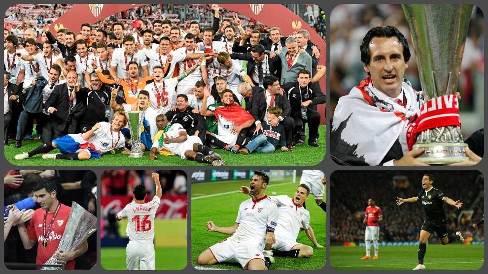 imagen de la celebración del Triplete histórico del Sevilla