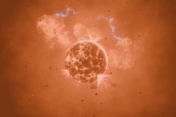 Concepto artístico de una luna volcánica que expulsa gases en órbita alrededor del exoplaneta WASP-49 b, a 635 años luz de la Tierra.