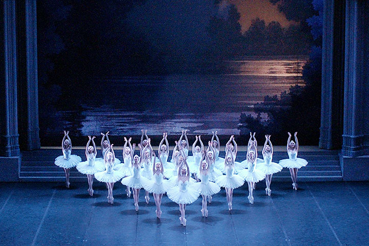 Agrupación en triángulo invertido de bailarinas de El Lago de los Cisnes