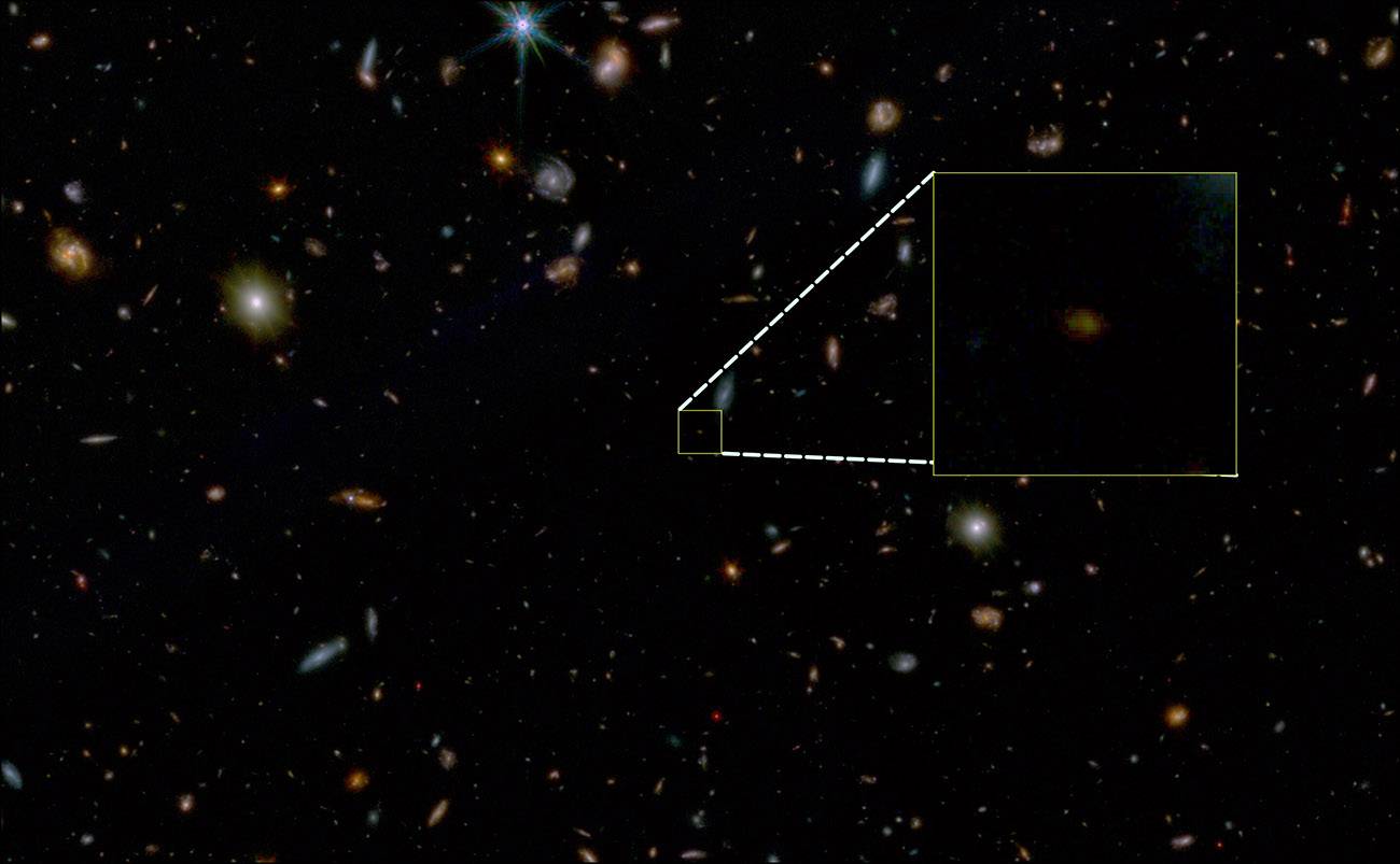 Situación de la galaxia JADES-GS-z7-01-QU (resaltada) en una pequeña fracción del cielo captado por el Webb.