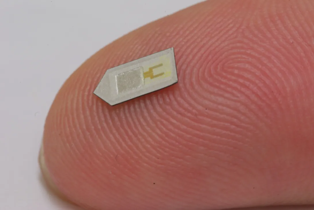 Imagen de un sensor biodegradable sobre una hoja verde con una gota de agua