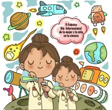 Dibujo con dos jóvenes científicas con bata blanca introduciendo líquido en probetas