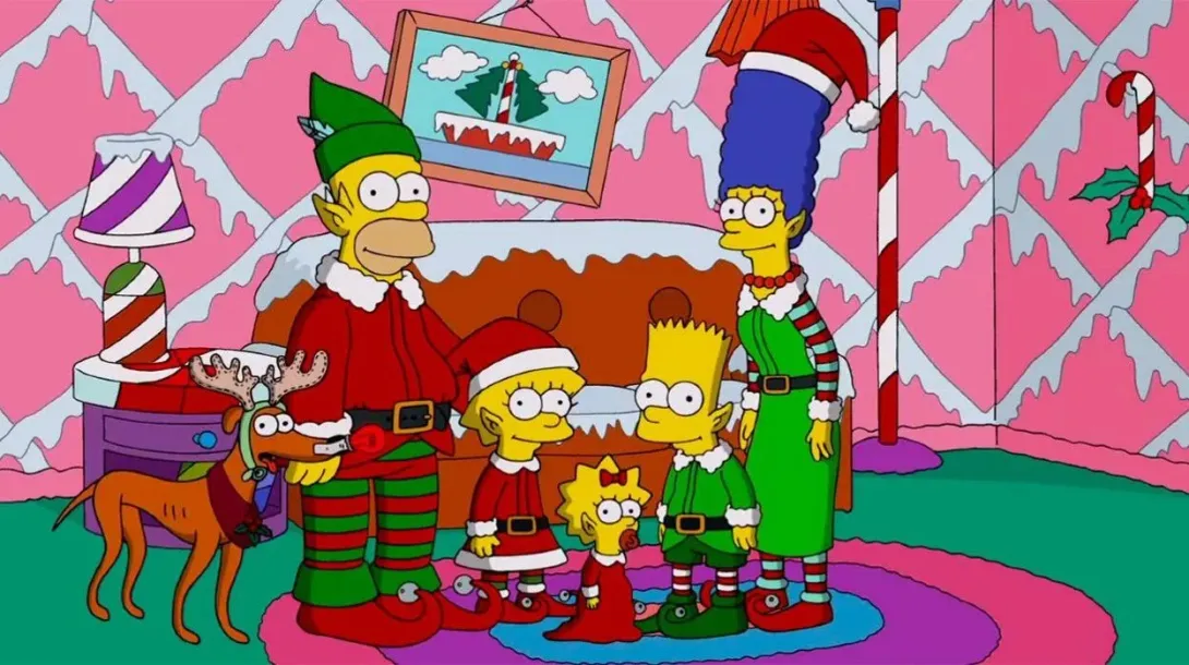 Familia Simpson vestida como elfos de navidad
